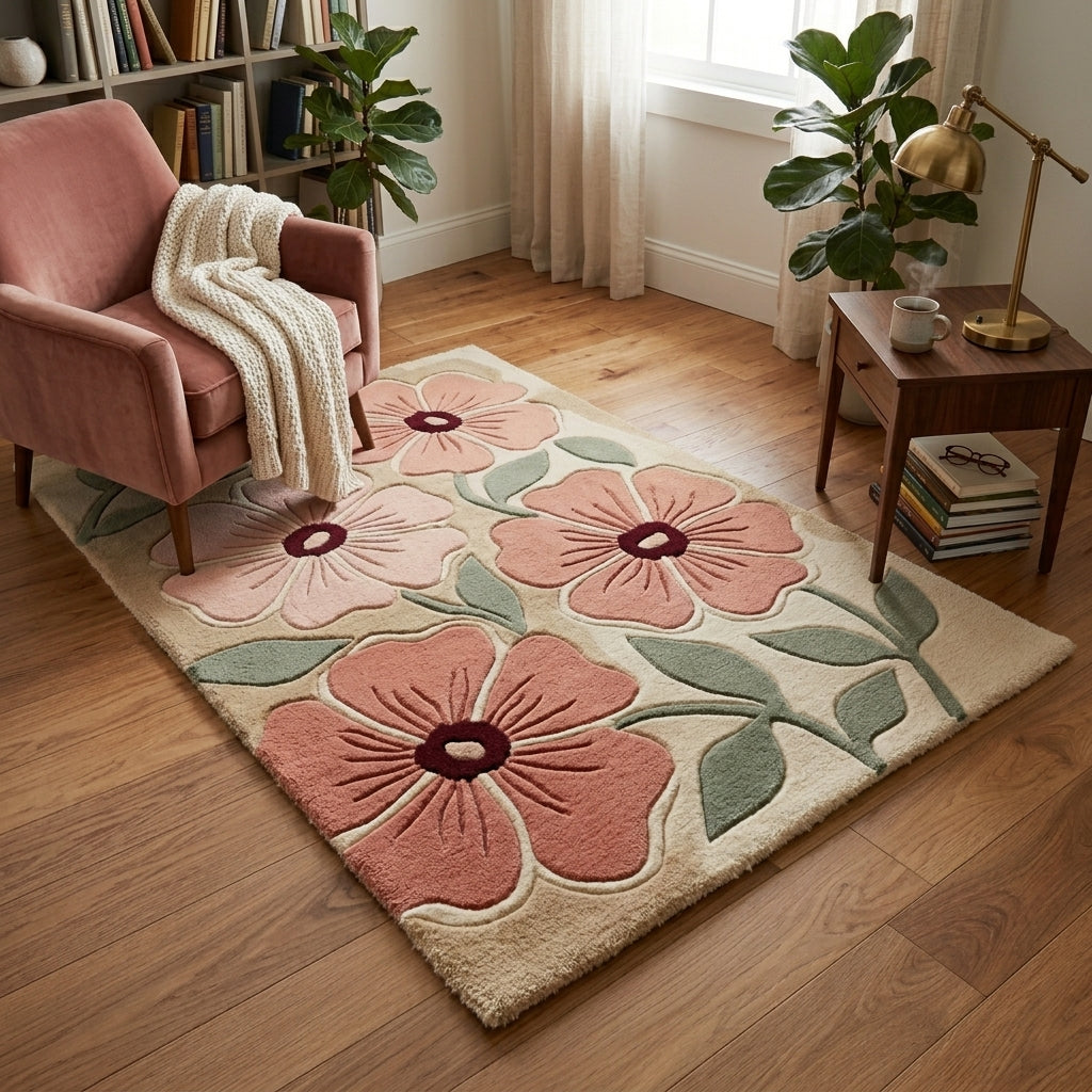 Blush Field — Floral Relief Rug — Hero / room / overview