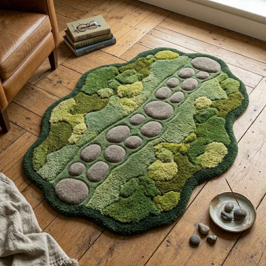 Stillwater — Moss & Pebble Structured Path Rug — Hero / room / overview