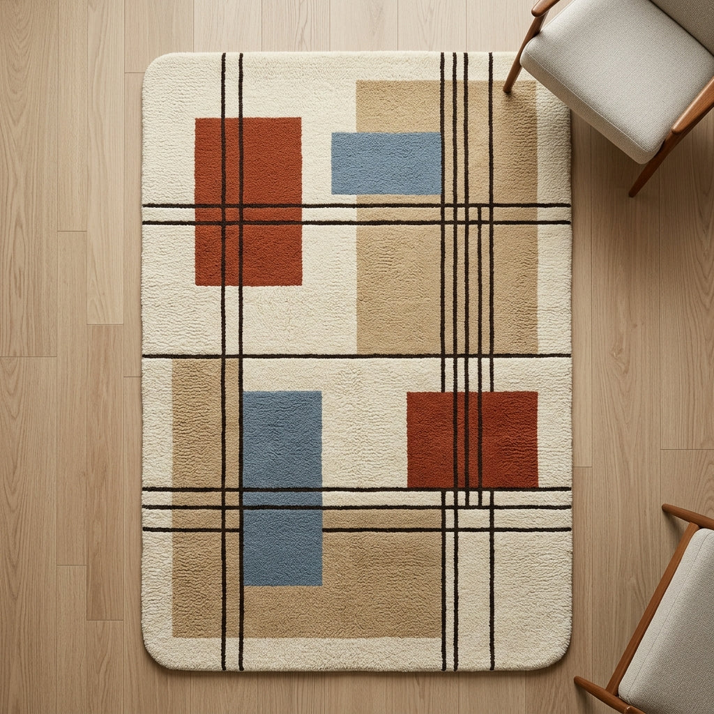 Olive Grid — Bauhaus Block Rug — Hero / room / overview
