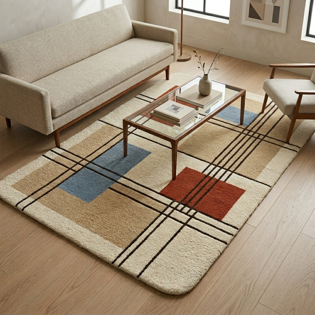 Olive Grid — Bauhaus Block Rug — Hero / room / overview