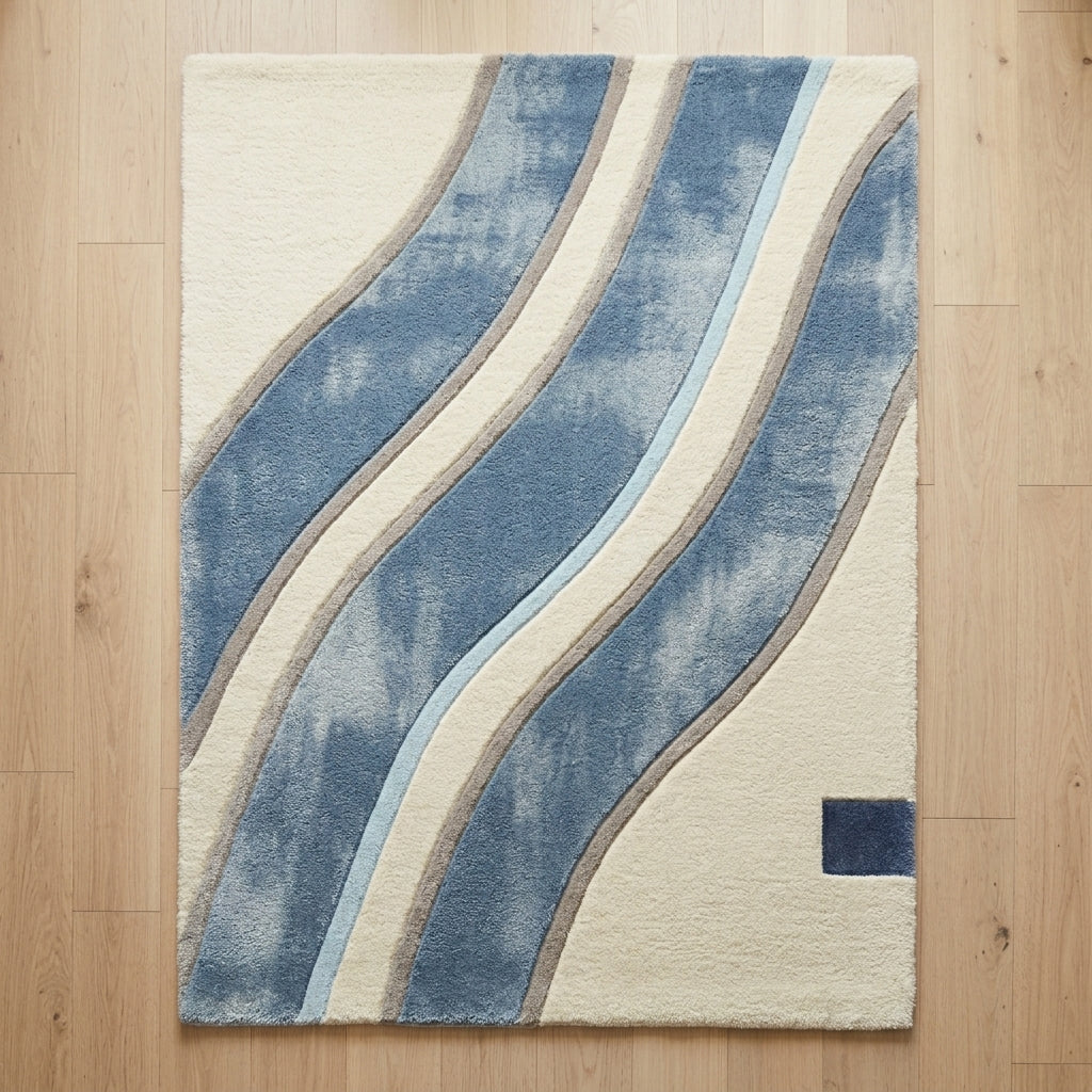Denim Wave — Cream & Blue Soft Wave Rug — Hero / room / overview