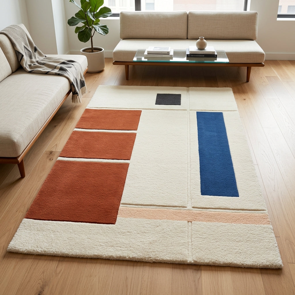 Clay & Cobalt Stack Rug — Hero / room / overview