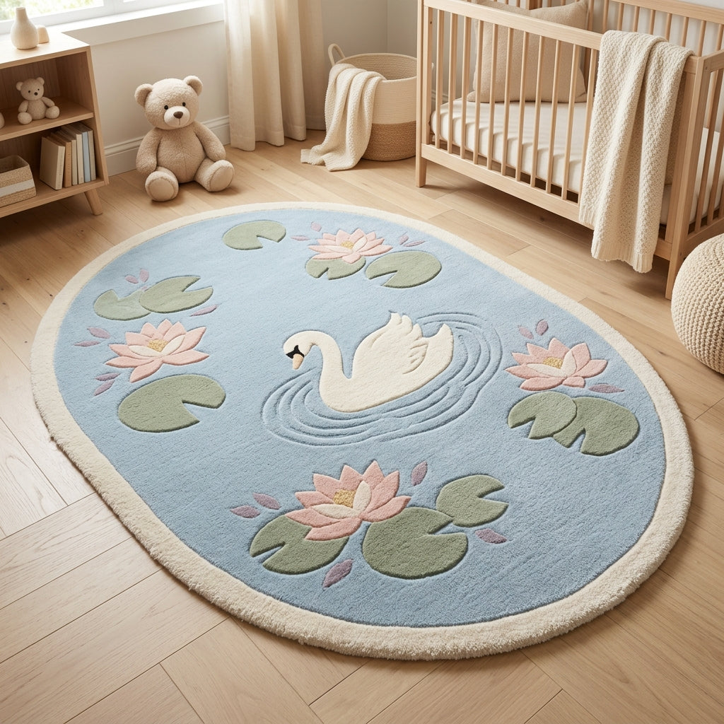 Lotus Pond — Swan Oval Rug — Hero / room / overview