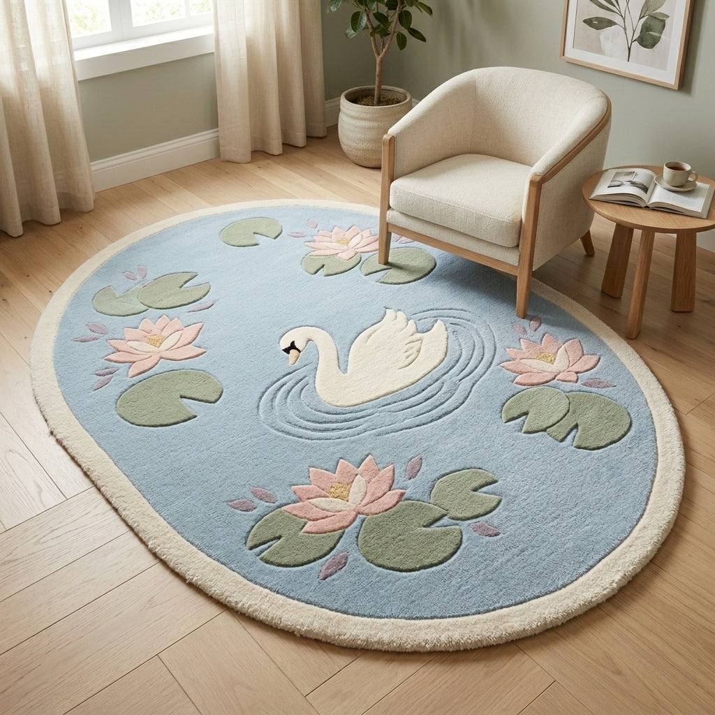 Lotus Pond — Swan Oval Rug — Hero / room / overview