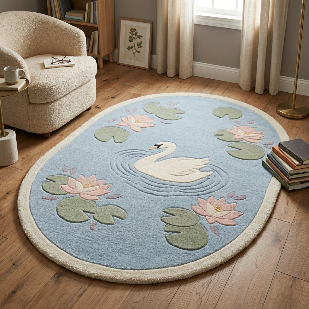 Lotus Pond — Swan Oval Rug — Hero / room / overview